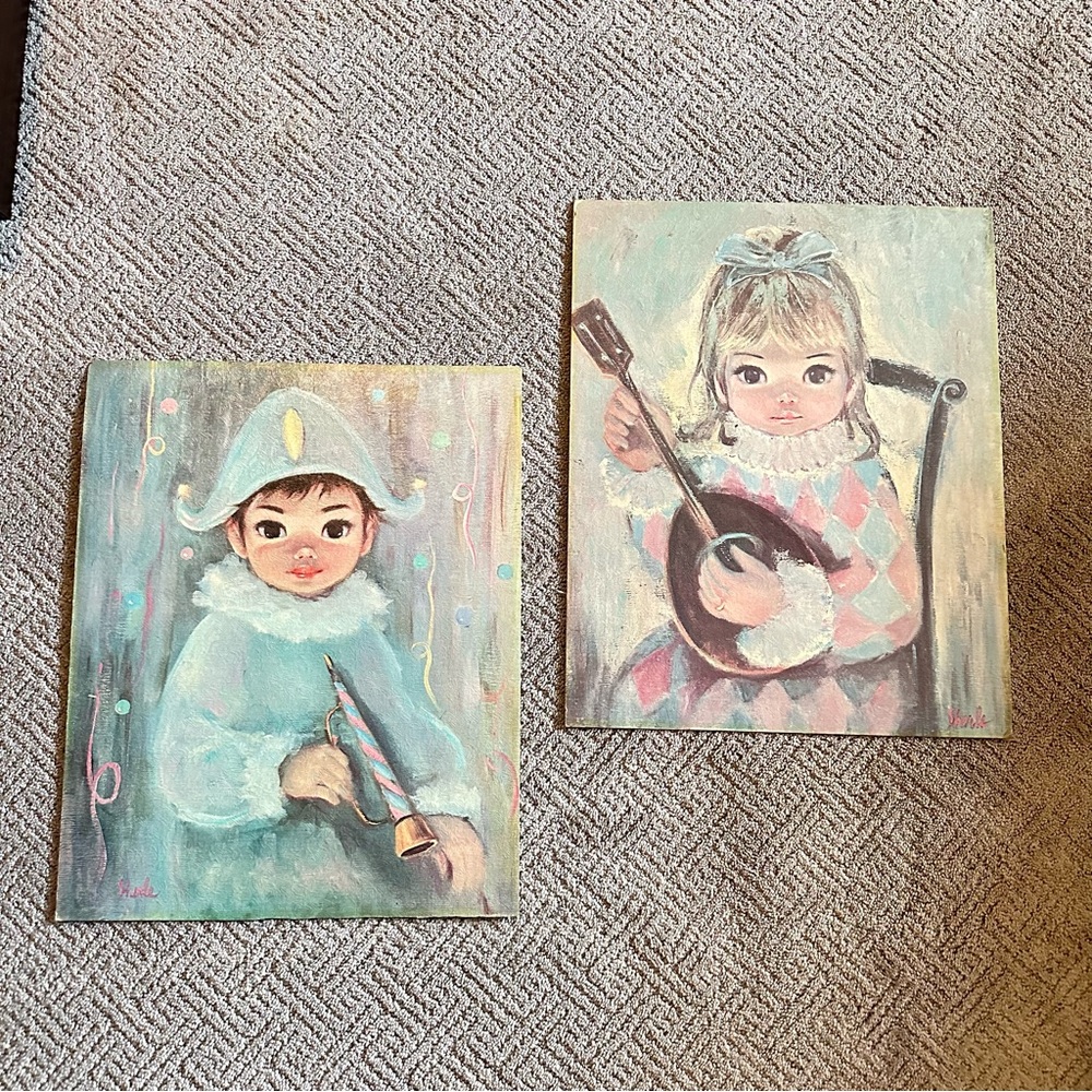🎭 Vintage 1960s Sherle Big-Eyed Harlequin Prints – “Penny” & “Jacques” 16” x 20”